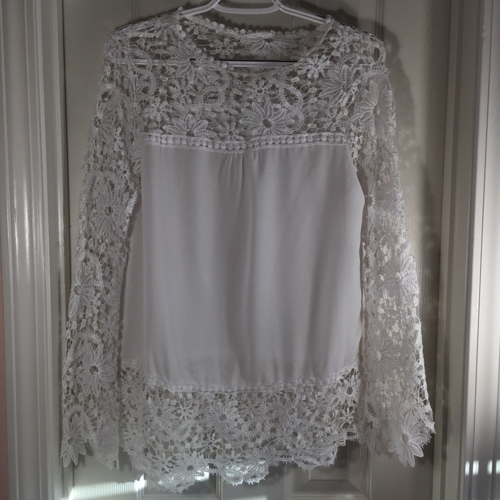 Women Blouse Lace Vintage Long Sleeve White Renda